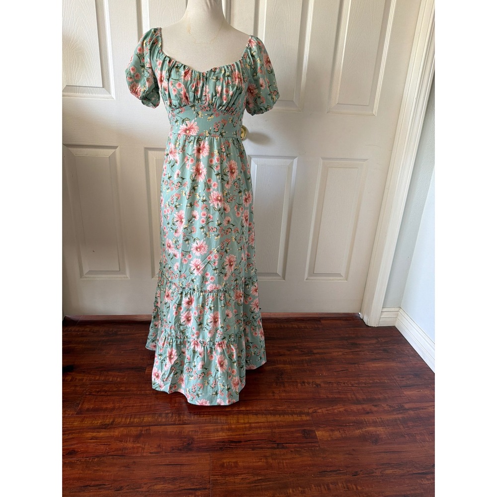Green Floral Milkmaid Maxi Dress Jr S Puff Sleeve Tiered  Inspired Hearts